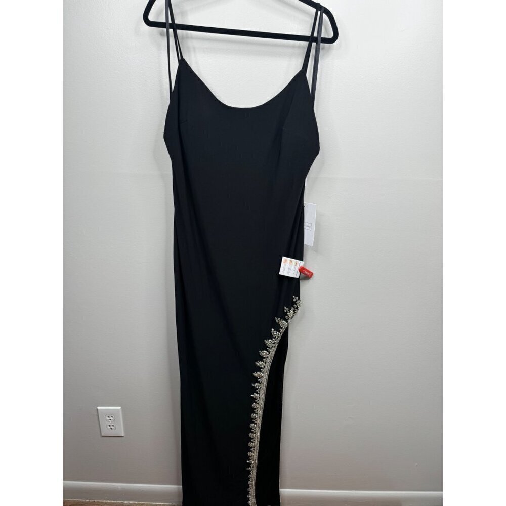 MAC DUGGAL Black Maxi DRESS Size 12 Rhinestone Side Slit Cami Bodycon 42002 New - Picture 4 of 8
